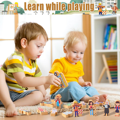 Blosssound 40 Pcs Wooden Community Helpers Toys Wooden Cars Set Wood People Figures Multicultural Career Wood Blocks for Preschool Classroom Diversity Play Games Educational Activity Supplies