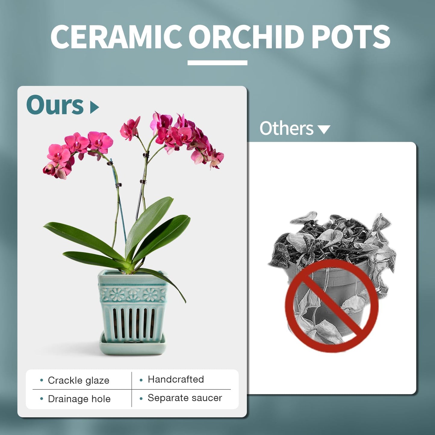 SUADEN Orchid Pots with Holes | 5" Ceramic Orchid Planter with Separate Saucer and Drainage Holes | Crackle Glazed Pottery Small Flower Pot for Repotting Orchids（Blue）