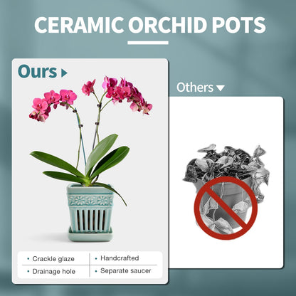 SUADEN Orchid Pots with Holes | 5" Ceramic Orchid Planter with Separate Saucer and Drainage Holes | Crackle Glazed Pottery Small Flower Pot for Repotting Orchids（Blue）