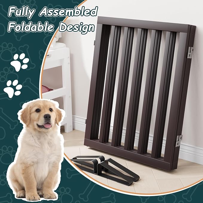 Semiocthome Bamboo Dog Gates Indoor 3-Panel Freestanding Puppy Gates for The House with 2 Metal Stands 24" H Folding Wood Pet Gate for Stairs Doorway Expands Up to 55" Fully Assembled Espresso