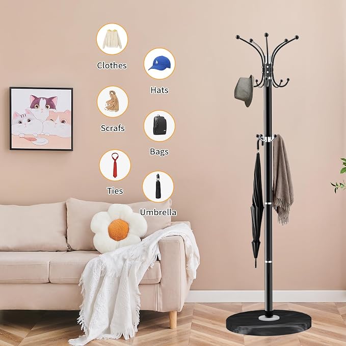 ZOZOE Metal Coat Rack Stand, Modern Coat Rack Freestanding with Natural Marble Base, 360° Rotary Design Coat Racks with 14 Hooks, Black Coat Tree Hanger Stand for Bags, Hats, Entryway, Office