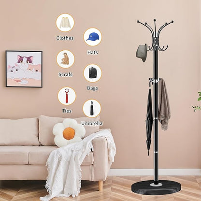 ZOZOE Metal Coat Rack Stand, Modern Coat Rack Freestanding with Natural Marble Base, 360° Rotary Design Coat Racks with 14 Hooks, Black Coat Tree Hanger Stand for Bags, Hats, Entryway, Office