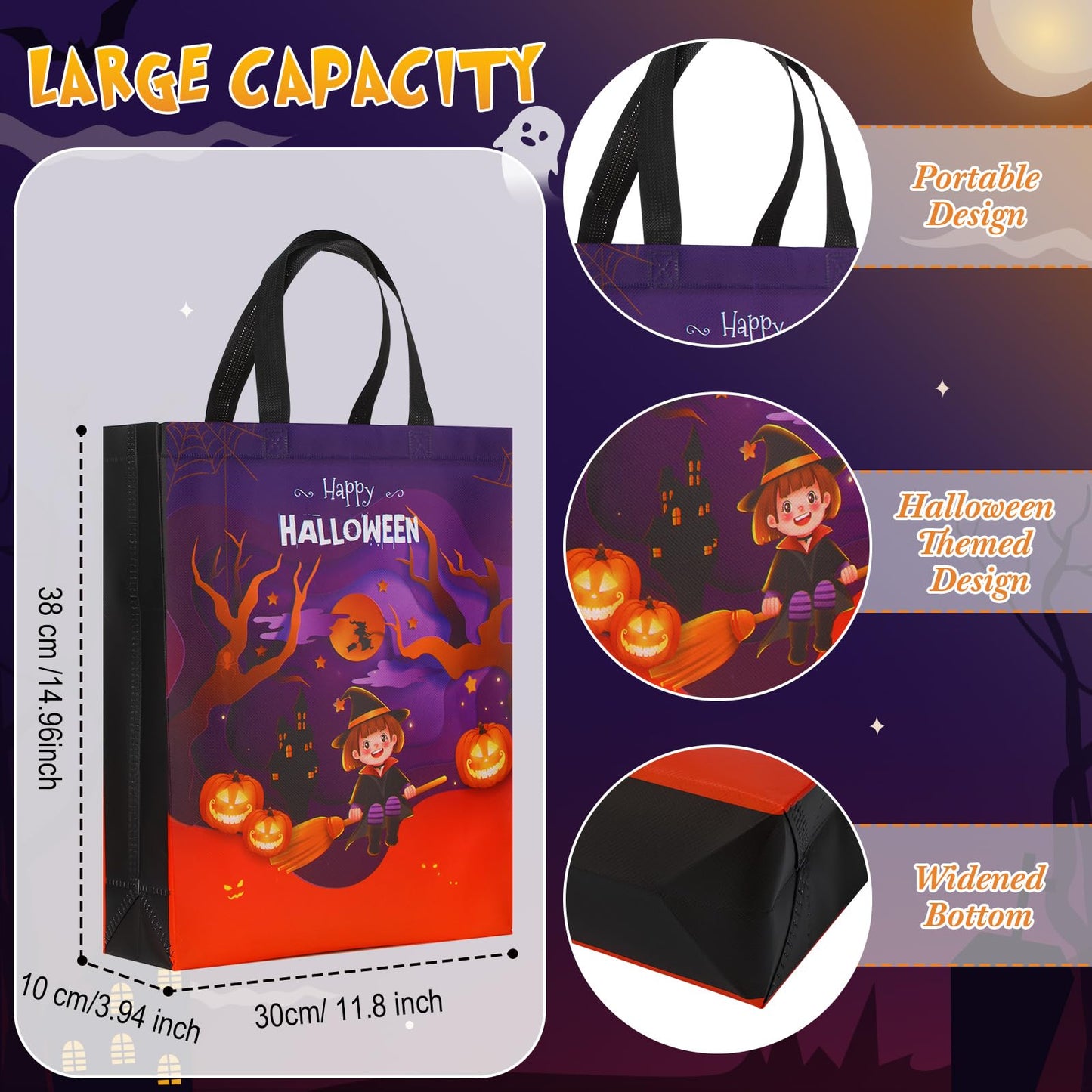Paterr 72 Pcs Halloween Tote Gift Bags 14.96 x 11.8'' Large Trick or Treat Bags Non Woven Candy Treat Goody Reusable Tote for Halloween Party Supplies