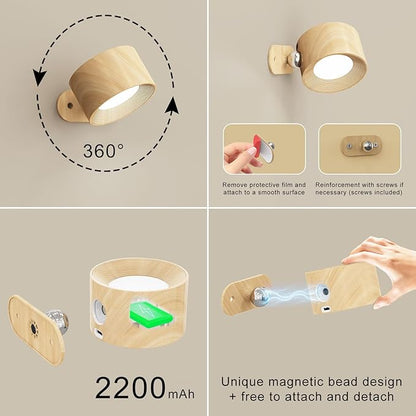 2Pack Battery Operated Wall Sconce, 3 Color Modes 3 Brightness Levels 360°Rotation Lighting Touch Control, Wall Mounted Lamp LED Wall Lights for Bedroom Reading Bedside, Wall Sconces Set of Two