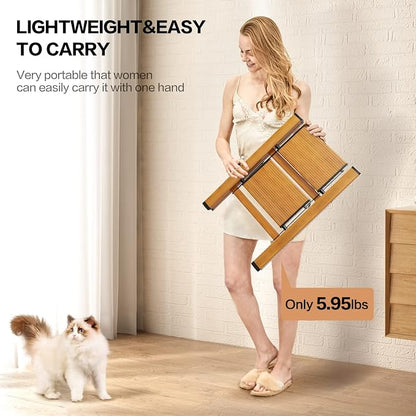 2 Step Ladder, Aluminum Folding Step Stool with Anti-Slip Sturdy and Wide Pedal, Lightweight Portable Multi-Use Stepladder for Home and Kitchen Use Space Saving, Woodgrain, 330 lbs
