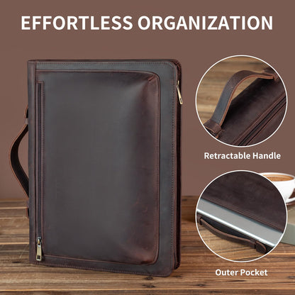 YIWEN Personalized Leather Portfolio with Handle – Zippered Front Pocket, Writing Pad Clip, Letter Size Notepad Holder, Professional Business Padfolio for Men Women (Dark Brown, Crazy Horse Leather)