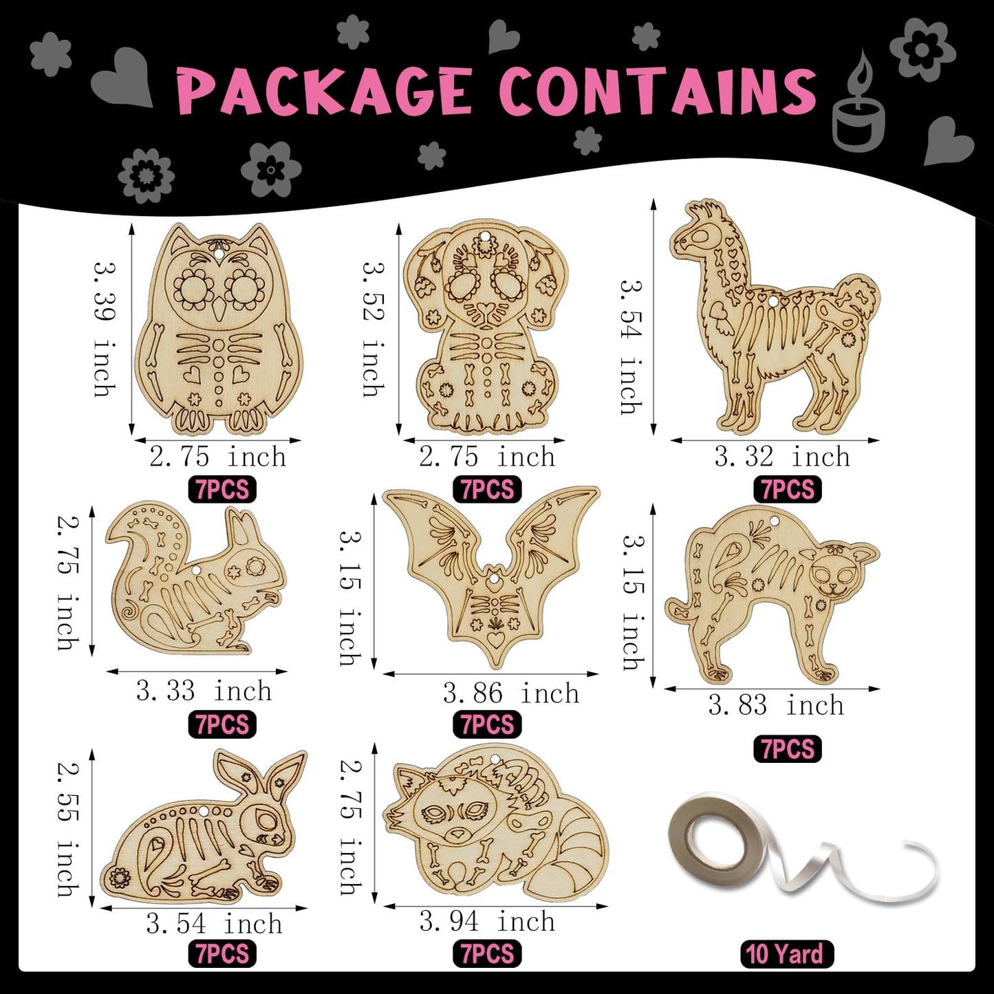 56 Sets Halloween Sugar Skull Crafts Day of Dead Animal Skeleton Unfinished Wooden Ornament DIY Painting Make Your Own Dia De Los Muertos Decorations Mexican Fiesta Blank Cutout Hanging Slices