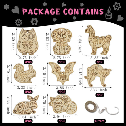 56 Sets Halloween Sugar Skull Crafts Day of Dead Animal Skeleton Unfinished Wooden Ornament DIY Painting Make Your Own Dia De Los Muertos Decorations Mexican Fiesta Blank Cutout Hanging Slices