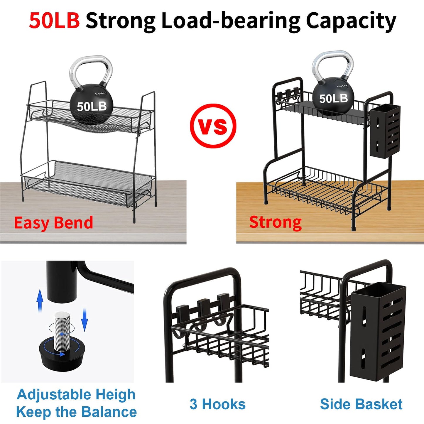 Bathroom Countertop Organizer With Toiletries Basket, 2 Tier Bathroom Counter Storage Rack with Adjustable Feetpad, No-Screw Caddy Stand for Vanity, Sturdy Metal Wire Black, Medium 12.8''L x 7.2''W