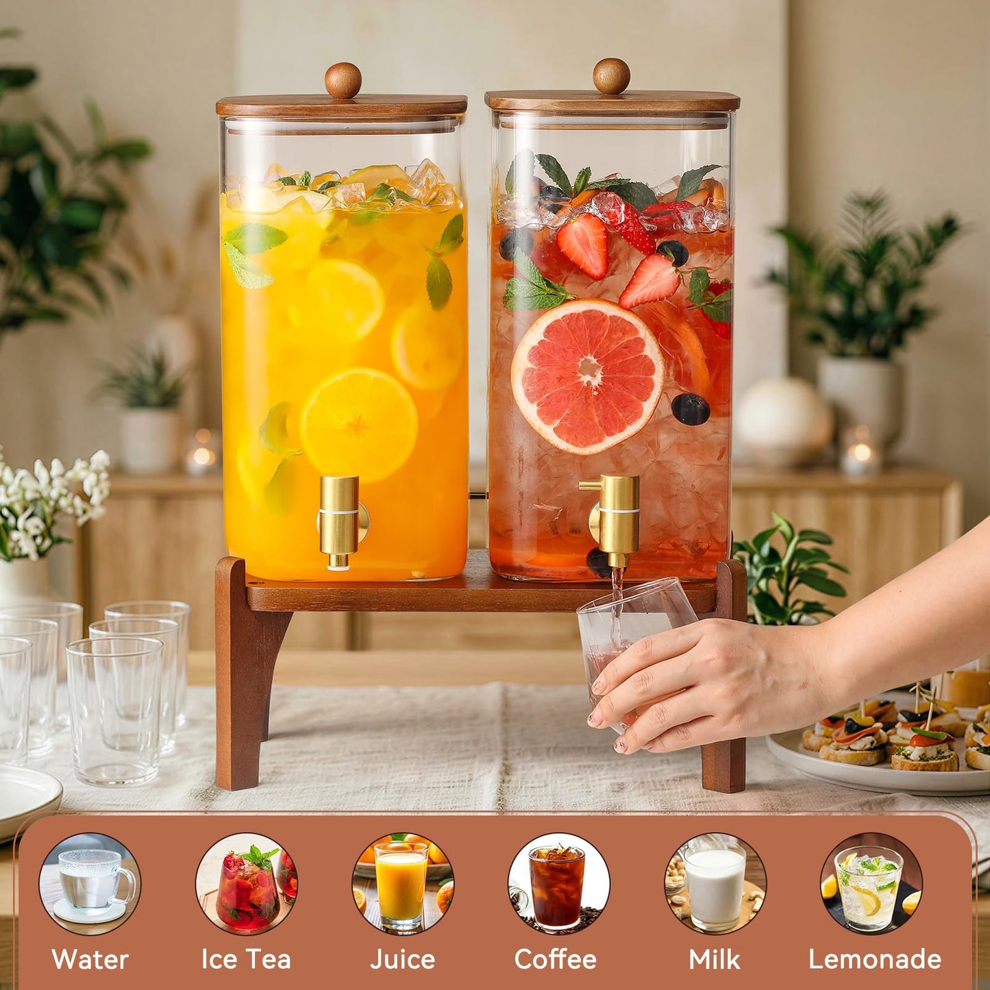 2 Pack 1.5 Gallon Square Glass Drink Dispenser with Wooden Stand & Lid, Large Beverage Dispenser with Stainless Steel Spigot, Juice & Lemonade Dispenser for Parties, Iced Tea, Water, Space-Saving