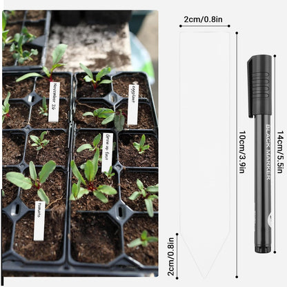 GREANER Window Boxes Planters with 4inch White Plant Label, 3PCS 16x3.8 Inch Black Rectangle Planters Box with Drainage Holes and Trays, Herb Succulents Flowers Plastic Pot for Windowsill, Garden, Bal
