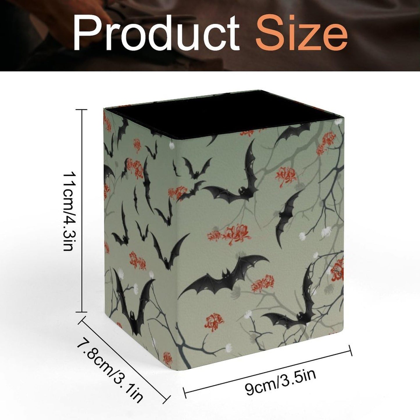 DerlonKaje Bats Square Leather Pen Holder, Minimalist Desk Organizer for Office Home School, Pencil & Stationery Storage Box, Gift for Students Teachers Colleagues