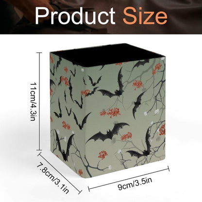 DerlonKaje Bats Square Leather Pen Holder, Minimalist Desk Organizer for Office Home School, Pencil & Stationery Storage Box, Gift for Students Teachers Colleagues