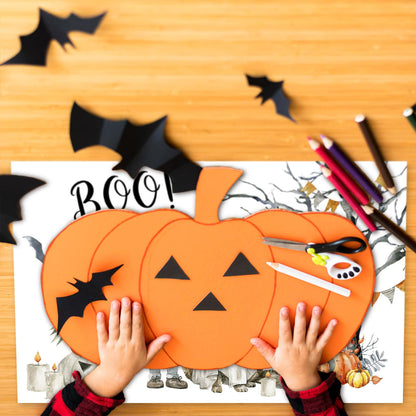 JarThenaAMCS 50Pcs Halloween Boo Paper Placemats Ghost Pet Pumpkin Dining Table Mats Disposable Place Mats for Home Kitchen Restaurant Party Decor, 11 x 17 Inch