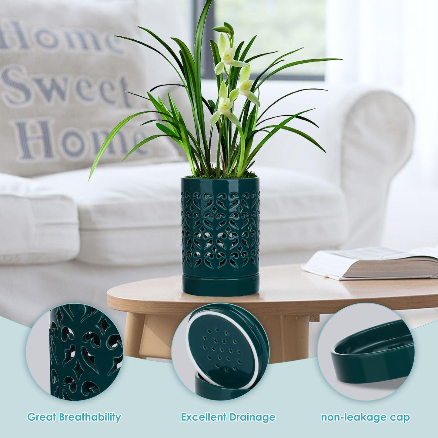 mwellewm Orchid Pot with Holes Ceramic Plant Pots Indoor Outdoor Flower Pots for Repotting with Drainage and Saucer 4 Inch Breathable Slotted Orchids Planter (Green)