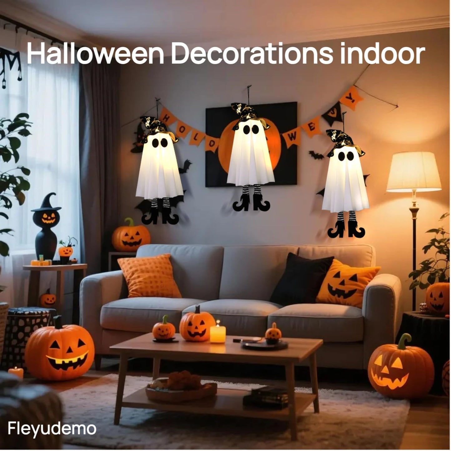3 Pack Halloween Hanging Ghosts,Halloween Decorations Outdoor,19 inch Light Up Hanging Ghost with Witch Hat for Yard Patio Garden Tree