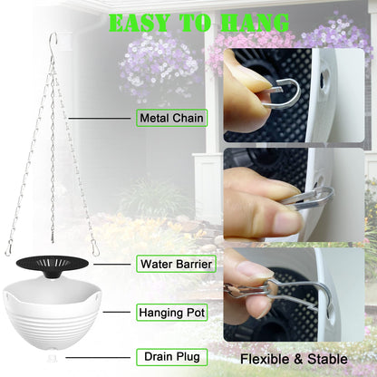 REPICLIFE Hanging Planters, Set of 9 White Hanging Pots, 8" Hanging Flower Pots, Plant Pots with Drainage Plugs, Water Barrier and Chains, Come with Free Mini Garden Tools Set