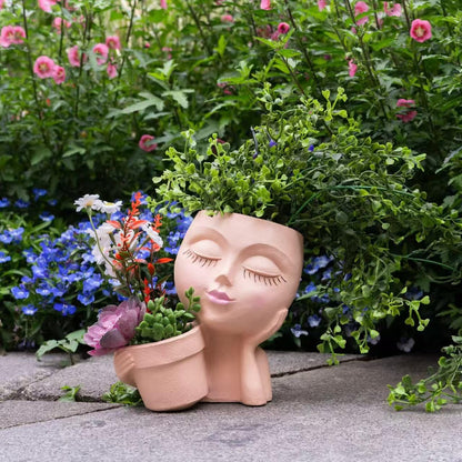 LaulaEnderay Face Plant Pots for Indoor Outdoor Plants, Resin Head Planter with Drainage Hole, Unique Cute Lady Face Plant Pots, Home Garden Decoration Succulents Cactus Planters Skin