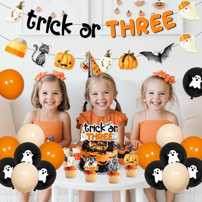 Halloween 3rd Birthday Decoraions Trick or THREE Banner Garland Halloween 3rd Birthday Cake Topper Cupcake Toppers Balloons for Girls Boys Third Bday Party Supplies