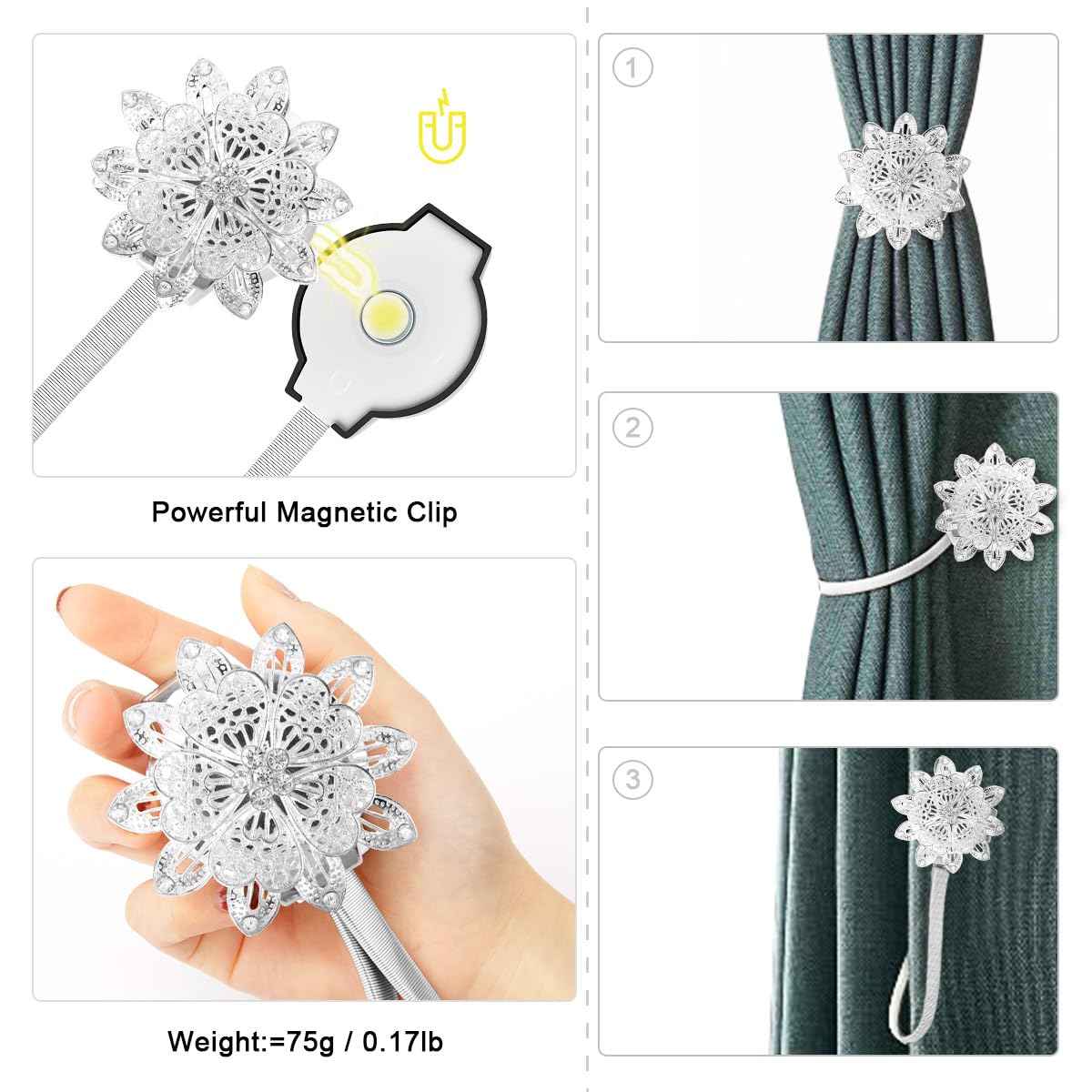 AULEEP Magnetic Curtain Tiebacks, 4 Pack Magnetic Decorative Drapes Curtain Clips Buckle, Flower Curtain Tie Back, European and American Style (Silver)