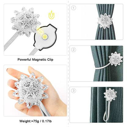 AULEEP Magnetic Curtain Tiebacks, 4 Pack Magnetic Decorative Drapes Curtain Clips Buckle, Flower Curtain Tie Back, European and American Style (Silver)
