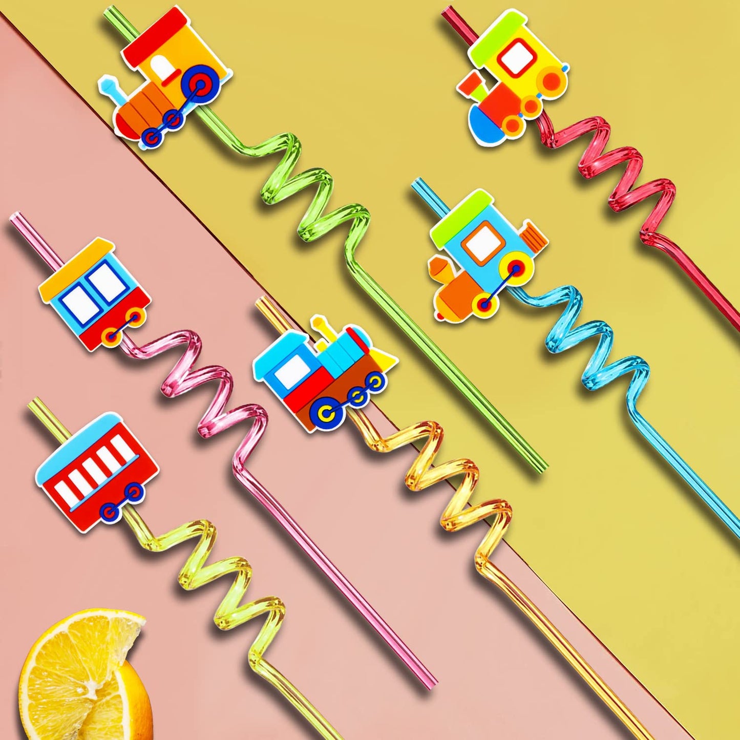 24 Pack Train Theme Shaped Straws - Reusable Plastic Straws with Cartoon Decoration - Kids Party Supplies - Birthday Party Favors with 2 Cleaning Brushes