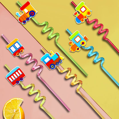 24 Pack Train Theme Shaped Straws - Reusable Plastic Straws with Cartoon Decoration - Kids Party Supplies - Birthday Party Favors with 2 Cleaning Brushes