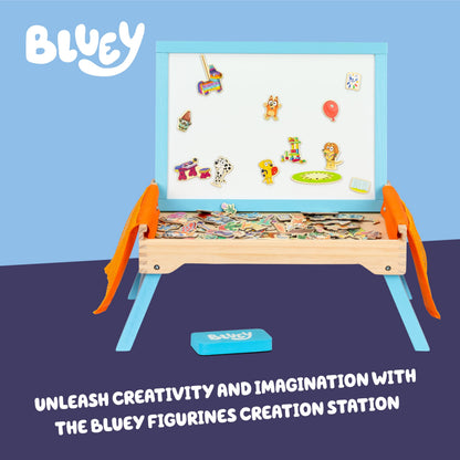 Bluey Art Creation Kids Art Station with 100 Magnets & Whiteboard Lid, Foldable Legs, Art Table for Kids, Storage Pockets