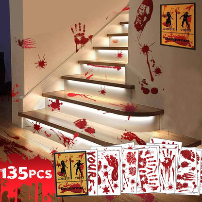 Halloween Decorations Handprint Footprint Clings, 135PCS Floor Window Stickers, 14 Sheets Creepy Wall Decals for Halloween Party Decorations Haunted House Vampire Zombie Decor