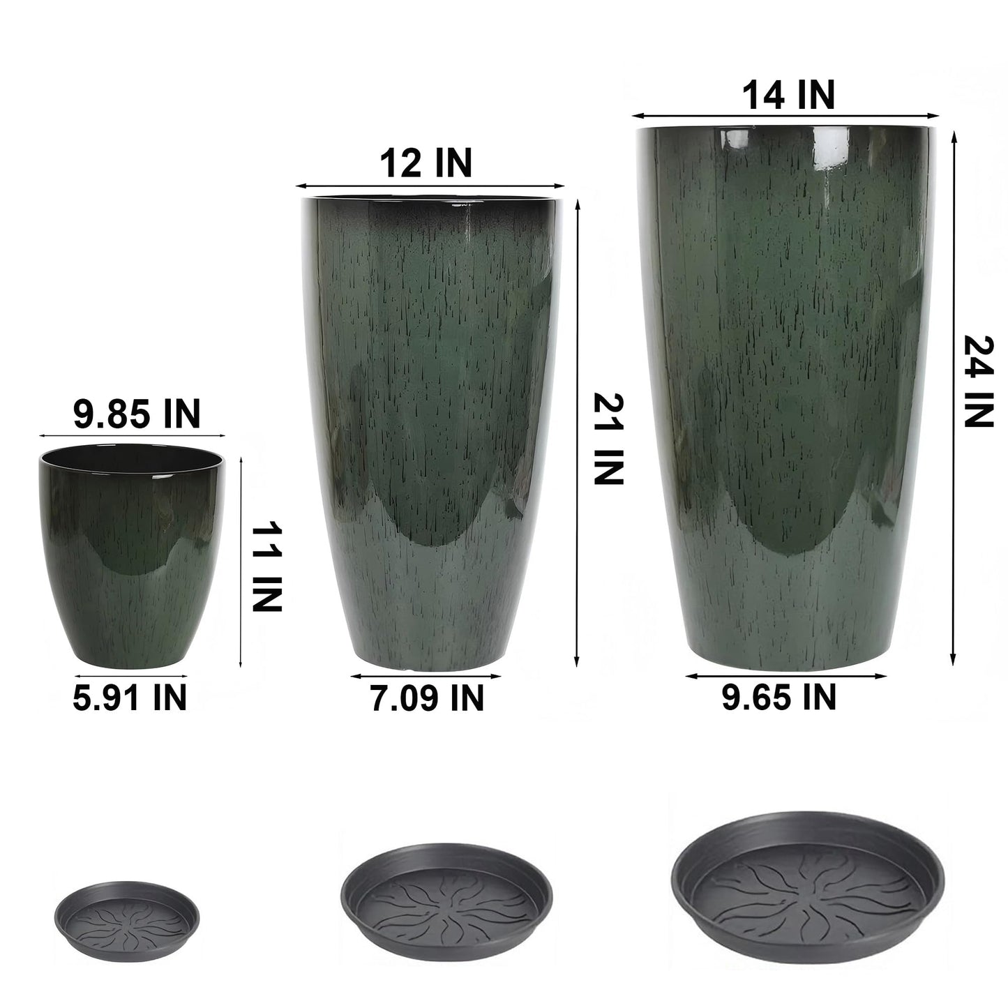 MinCHI257 24,21,11 Inch Large Plastic Planters with Drainage Hole and Saucer - Set of 3 Tall Plant Pots Indoor Flower Pot Tall Round Planters Outdoor Large Tall Planter