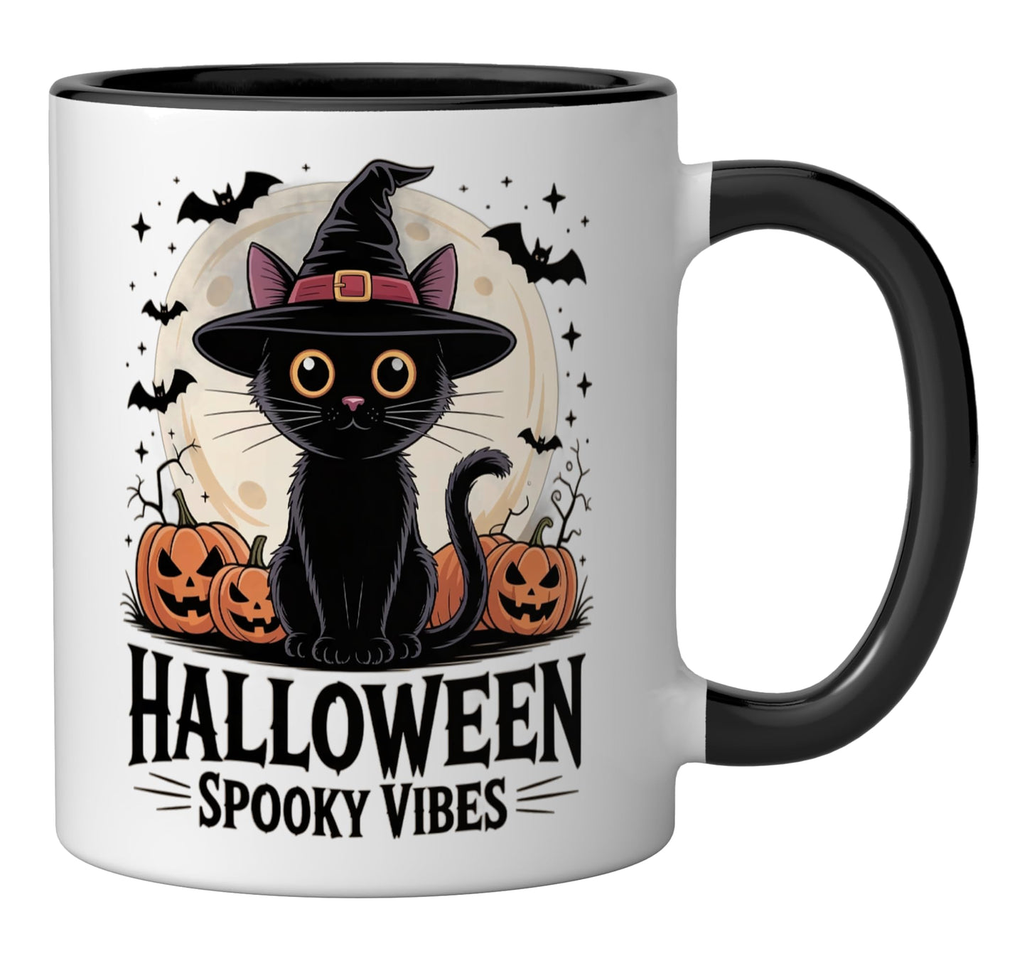 Halloween Spooky Vibes Cat Cute Black Witch Coffee Lover Ceramic Mug, Black/White
