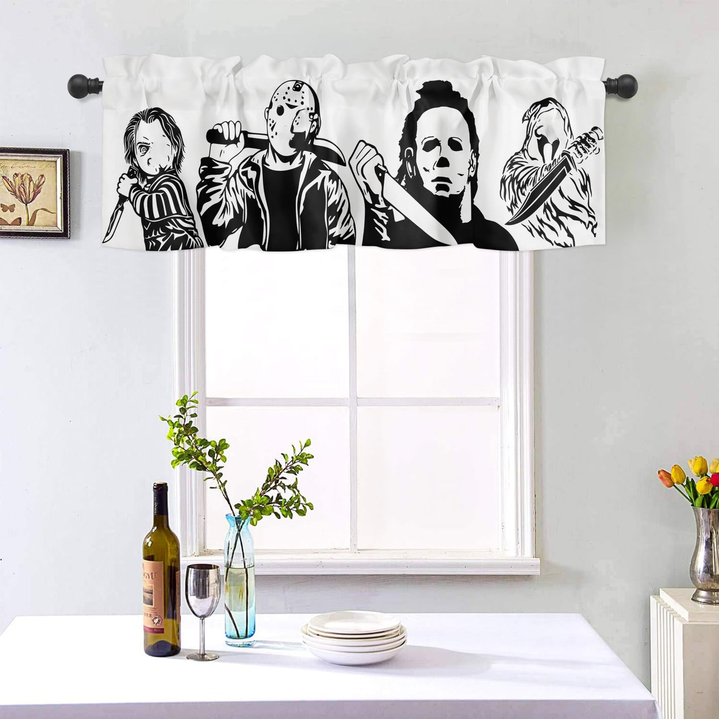 Horror Killers Window Valance for Halloween Decorations Supplies, Classic Scary Movie Characters Window Curtain for Kitchen Living Room Bedroom, Rod Pocket Windows Treatment Short Curtain, 54" x 18"