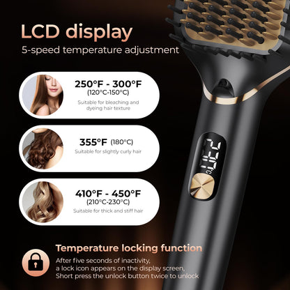 PRITECH Hair Straightening Brush Ionic 250-450°F Fasting Heating Anti-Scald & Auto-Off, Wide Plates Flat Iron Comb Teeth Dual-Voltage Straightener Hot Brush Ionizer Anti-Frizz (Black)