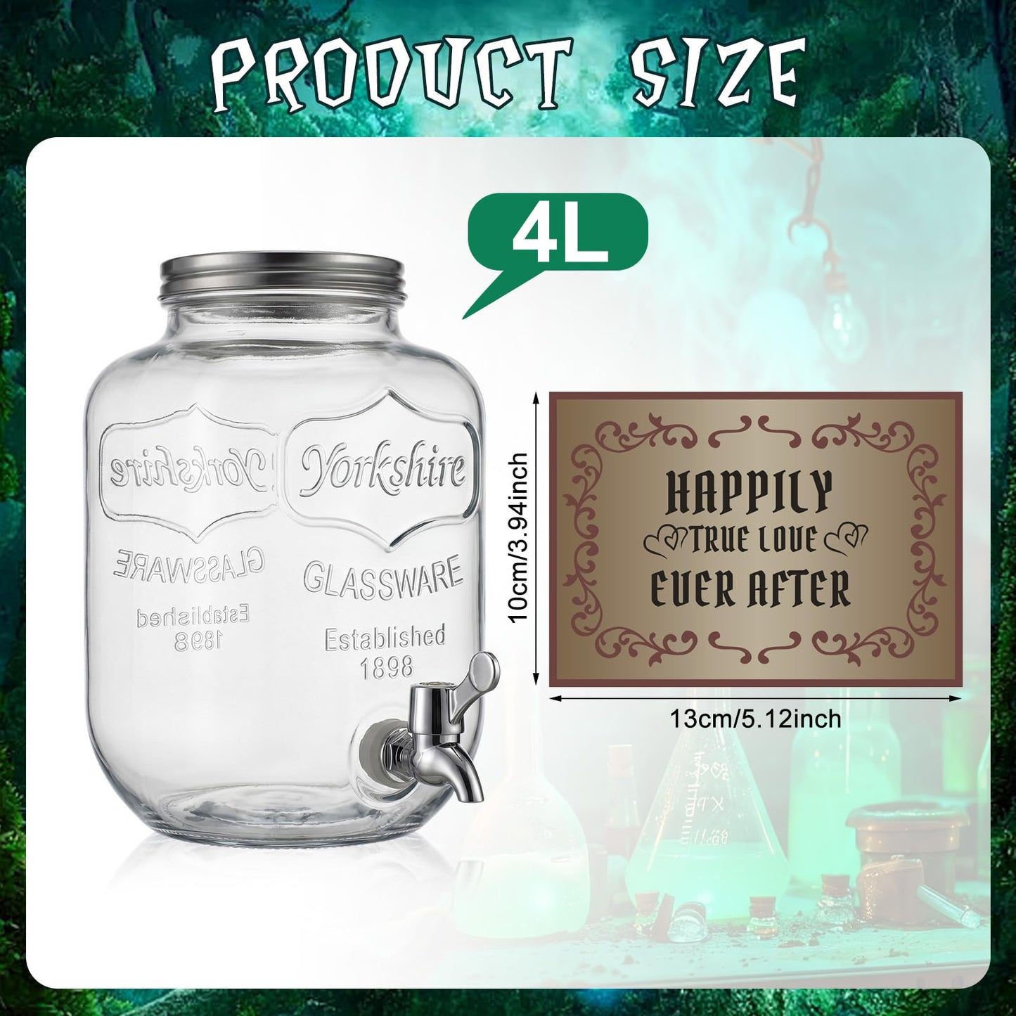 FillTouch Drink Dispenser with Love Potion Stickers, 4l Glass Beverage Jar with Faucet, Princess Fairy Tale Party Decor for Birthday Party, Fantasy Celebration