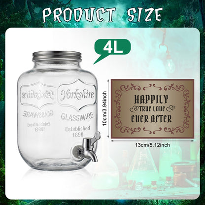 FillTouch Drink Dispenser with Love Potion Stickers, 4l Glass Beverage Jar with Faucet, Princess Fairy Tale Party Decor for Birthday Party, Fantasy Celebration