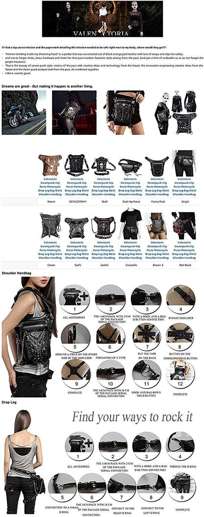 Steampunk Waist Bag Fanny Pack Thigh Holster Purse Gothic Leather Shoulder Crossbody Hiking Chain Messenger Bag