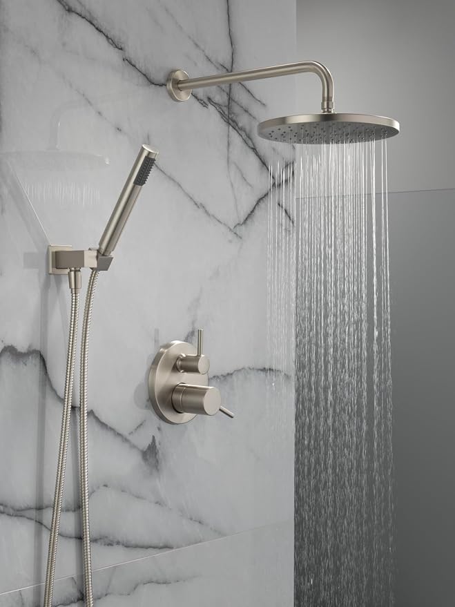 Delta Modern 14 Series Round Rain Shower System Faucet Set, Rainfall Brushed Nickel Shower Head and Handle Set, Valve Trim Kit, 10 Inch, Spotshield Stainless T342702-SP (Valve Not Included)