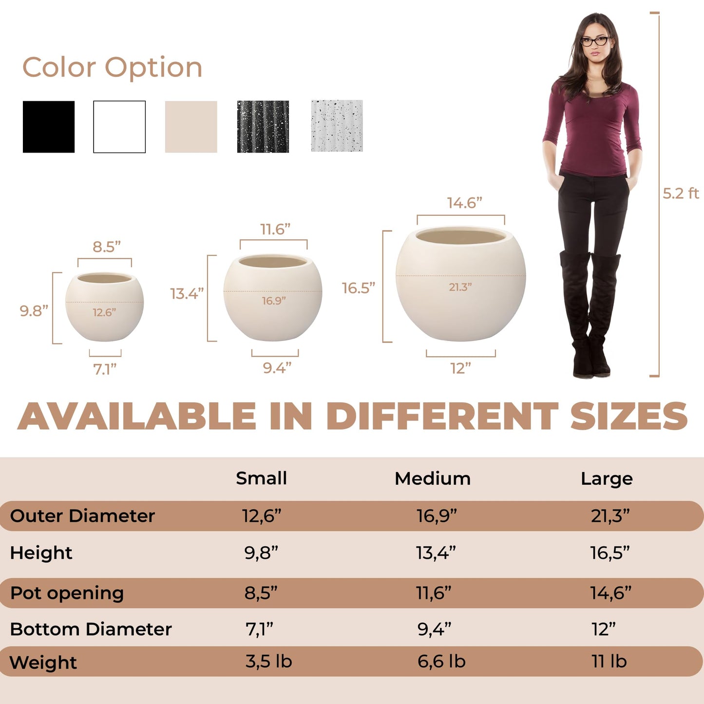 DEPLA LANE Marlo Fiberstone Round Planter (8.5" Pot Opening x 12.6" D x 9.8" H) Smooth Finishes, Lightweight, Durable, UV Resistant, Modern Minimalist Home Decor, Indoor Outdoor Pot (S, Cream White)