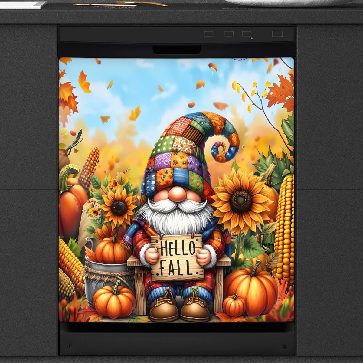Pumpkin Gnome Cute Sunflower Fall Dishwasher Magnet Cover Pumpkin Flower Magnetic Dishwasher Decorative Cover Front Dishwasher Door Cover for Kitchen Refrigerator Home Appliances 23" X 26"