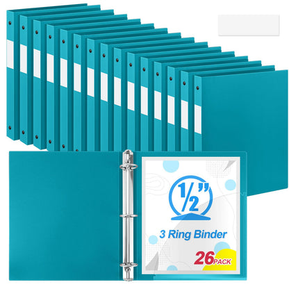 Henoyso 26 Pack 0.5 Inch Plastic 3 Ring Binder Round Ring, Bulk 1/2 Inch Flexible Binders Hold 140 Sheets Letter Size with Pocket, Document Organizer for Back to School Classroom Office (Turquoise)