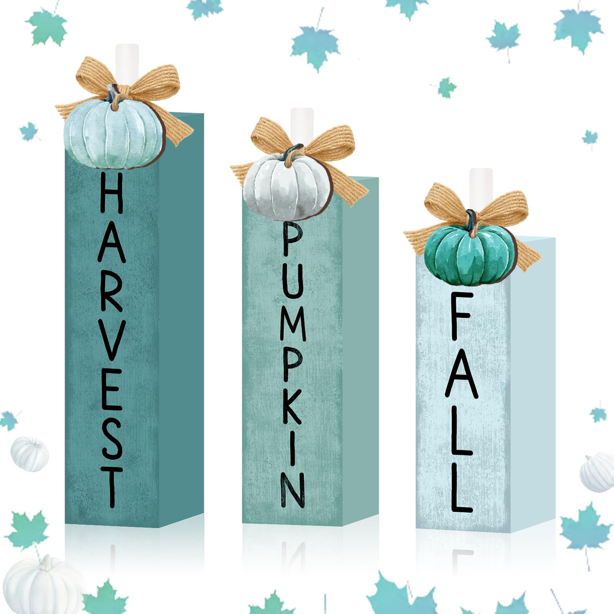 3 Pcs Blue Fall Decorations for Home, Blue Pumpkin Tiered Tray Decor Farmhouse Fall Thanksgiving Wooden Table Decor Autumn Harvest Tabletop Centerpieces for Home Kitchen Indoor Mantel