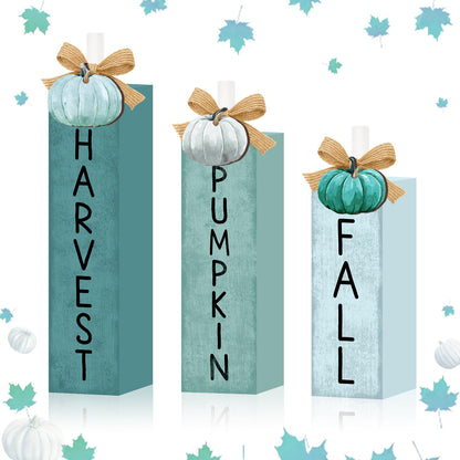 3 Pcs Blue Fall Decorations for Home, Blue Pumpkin Tiered Tray Decor Farmhouse Fall Thanksgiving Wooden Table Decor Autumn Harvest Tabletop Centerpieces for Home Kitchen Indoor Mantel