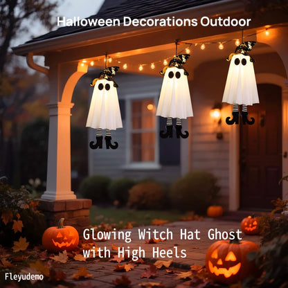 3 Pack Halloween Hanging Ghosts,Halloween Decorations Outdoor,19 inch Light Up Hanging Ghost with Witch Hat for Yard Patio Garden Tree