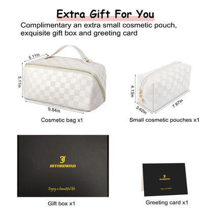 Checkered Travel Makeup Bags Cosmetic Organizer Bag: 2-Set Large Capacity Waterproof Makeup Bag - PU Leather Toiletry Bag for Women - Wide Open Portable Pouch with Handle and Divider (WHITE)