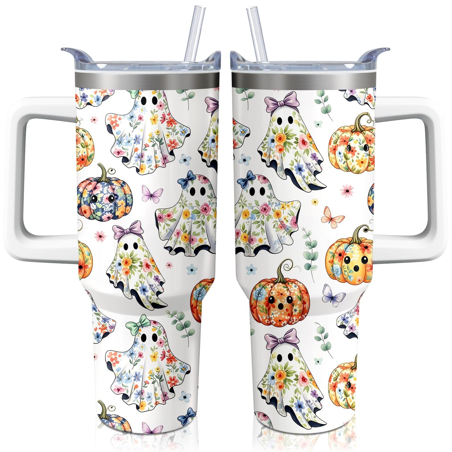 Kearscupra 40oz Cute Ghost Halloween Flowers Tumbler With Handle and Straw,Gifts for Women Pumpkin Coffee Mug Water Bottle, Stainless Steel Insulated Cup