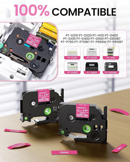 Replacement for Brother P Touch Label Tape White on Berry Pink TZe-MQP35 12mm 0.47'' Laminated TZe TZ Label Maker Tape, Compatible with PT-D210 PT-D220 PT-H110 PT-D400 PT-D410 PT-D600, 2-Pack
