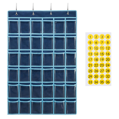 SAVERHO 36 Clear Pockets Classroom Pocket Chart for Cell Phone and Calculator Holder, Door Hanging Pocket Chart for Classroom Phone Holder with Number Sticker and Hooks (Blue)