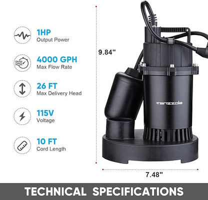 Sump Pump Submersible Utility Water Pump Thermoplastic Portable Electric Water Removal Transfer Pump with 16.4FT Cord for Swimming Pool Basement Garden Pond Tubs Draining, 1 HP 4000GPH