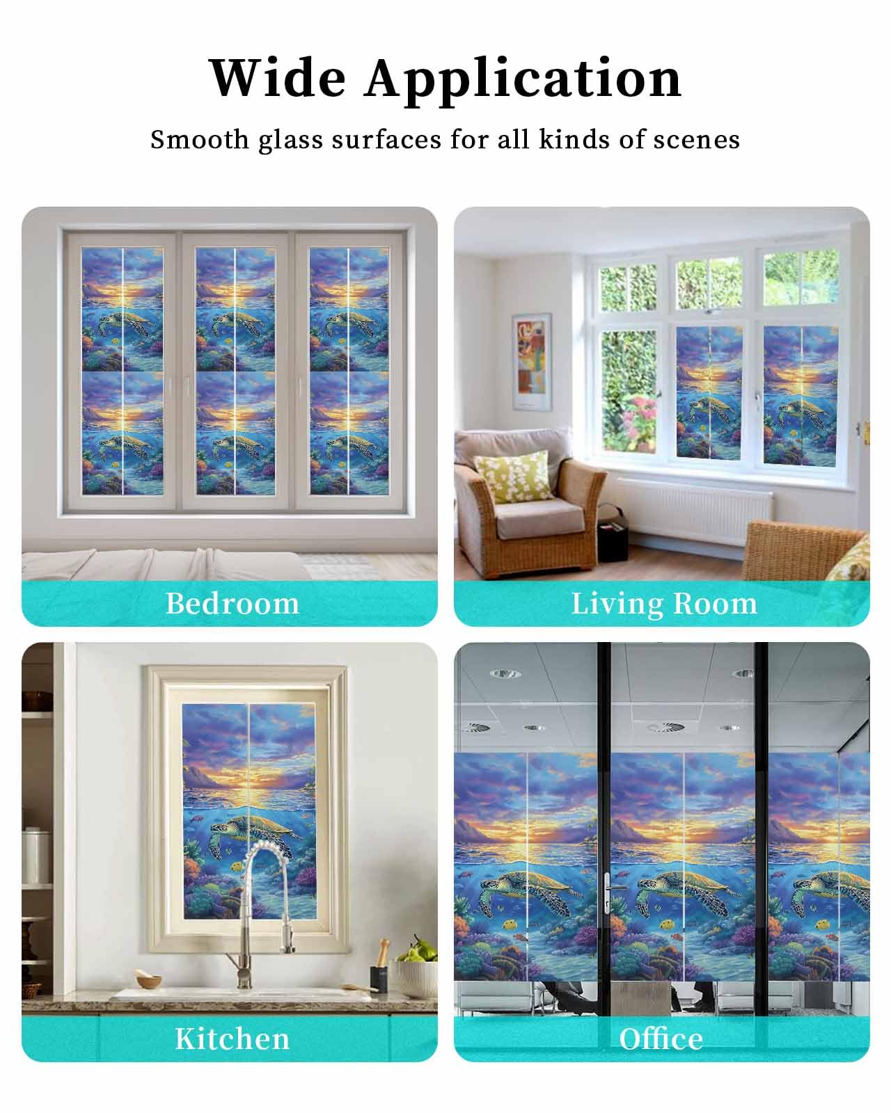 Sea Turtles Window Privacy Film Stained Glass Window Film Decorative Window Cover Static Window Cling for Glass Door Coastal Coral Tropical Fish Sunset Scenery Window Stickers for Bathroom 29.5"x78.7"