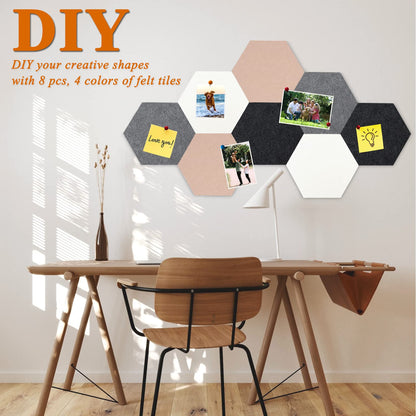 HULAVO 8Pcs Hexagon Felt Cork Board Tiles, Self Adhesive DIY Bulletin Board Pin Board for Office School Home Wall Decor Stickers Memos Photos Display (Camel & Grey)